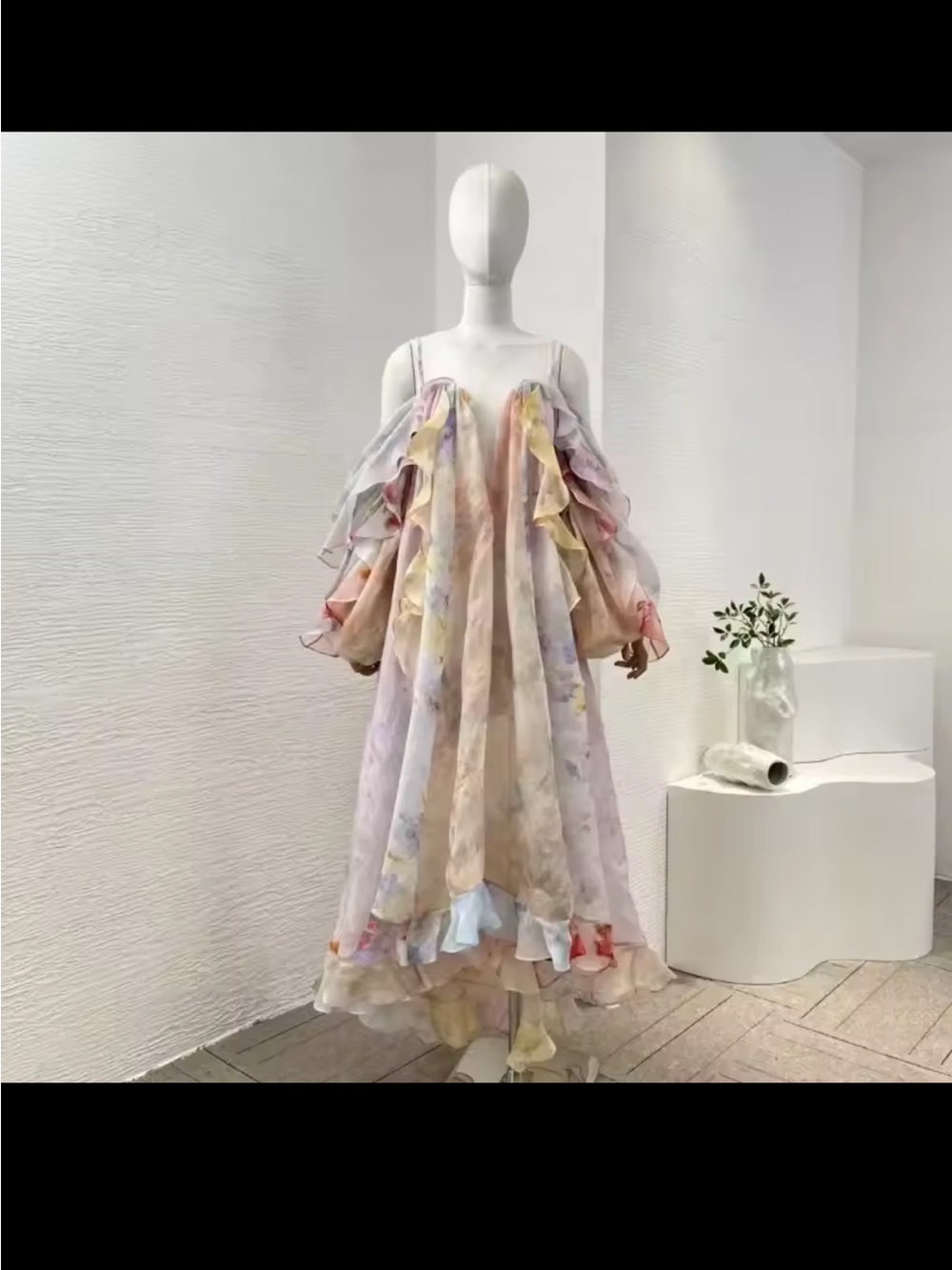 Designer Watercolor Ruffle Off-Shoulder Maxi Dress